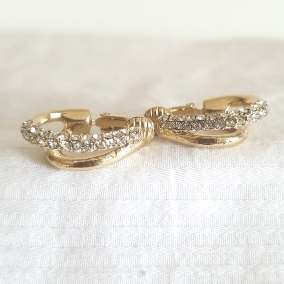 Gold Rhinestone Double Hoop Earrings Clip On - Picture 4 of 4